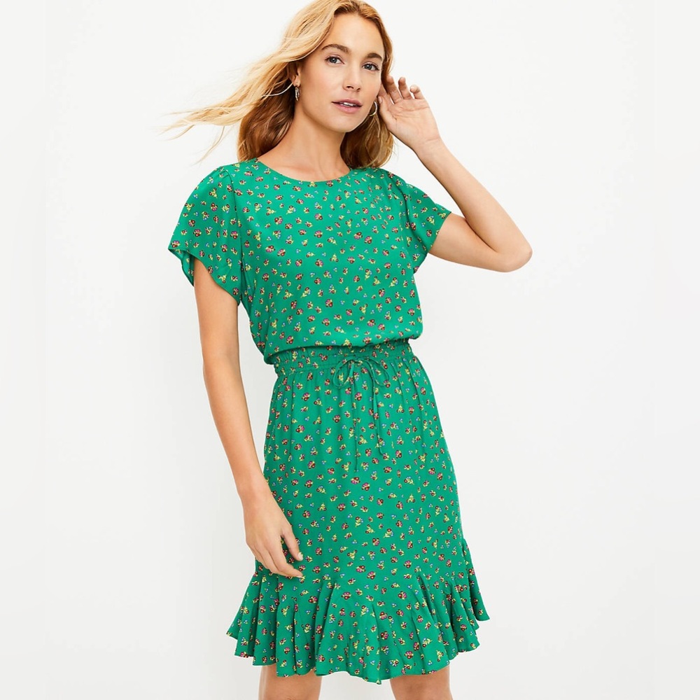 LOFT Floral Godet Drawstring Flared Short Sleeve Ruffle Mini Dress Green Small